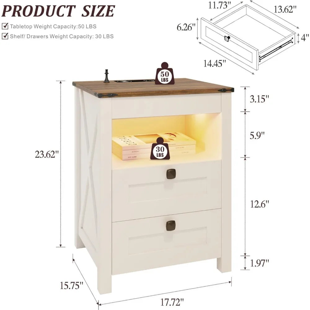 Night Stand Set 2 with Gun Drawer, Charging Station & LED Light