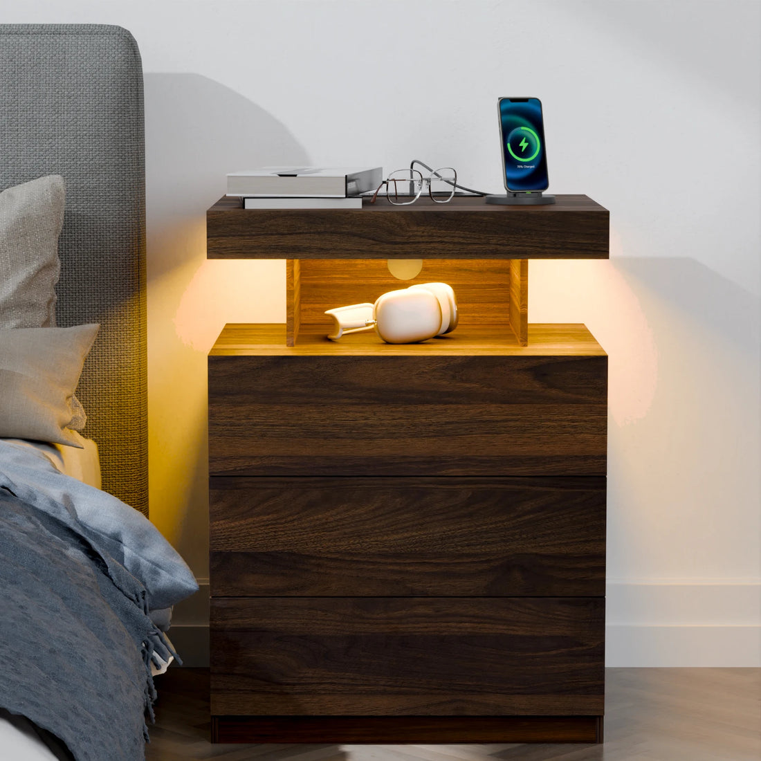 Nightstand LED Light Bedside Table with 3 Drawers, Adjustable Brightness, Modern Style