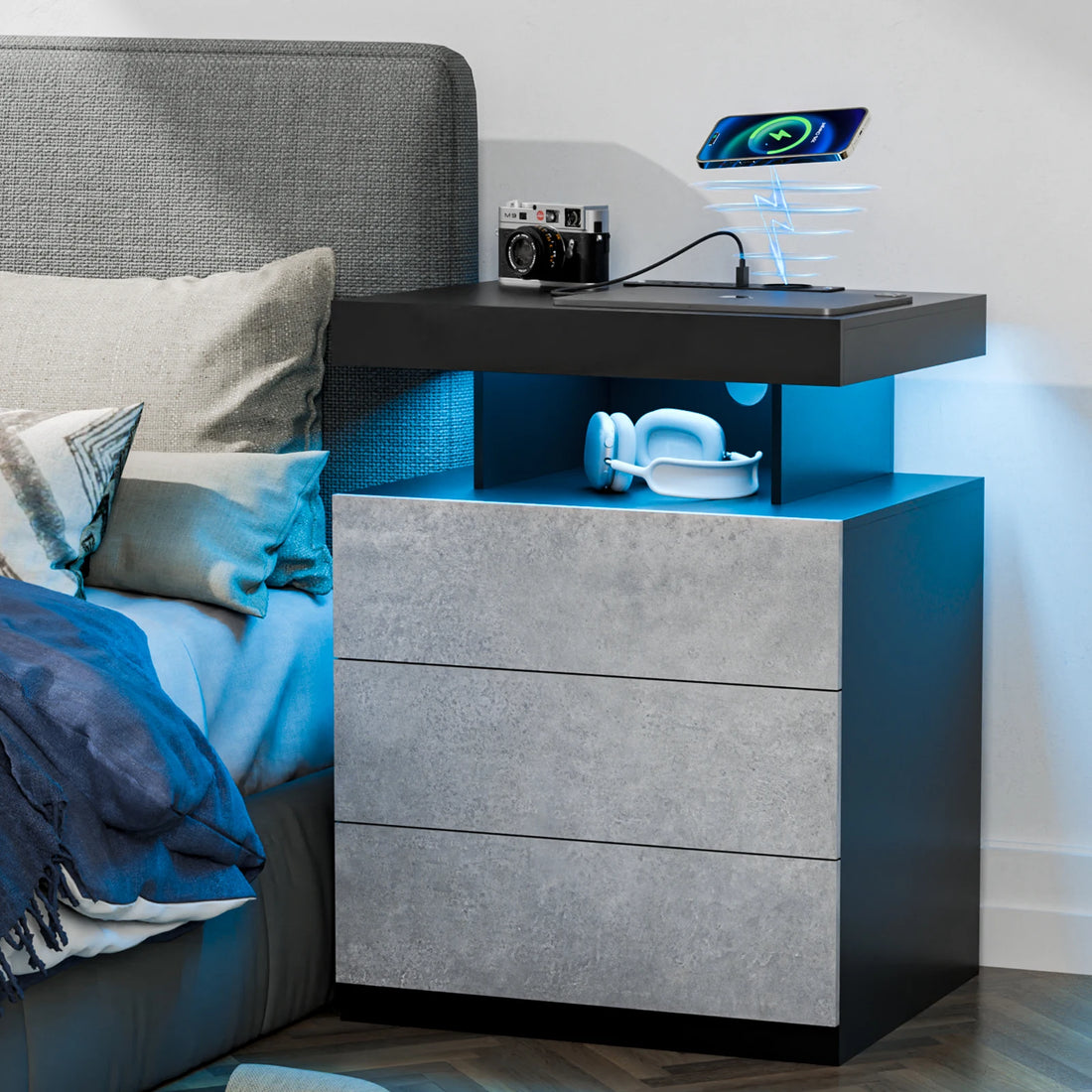 Nightstand LED Light Bedside Table with 3 Drawers, Adjustable Brightness, Modern Style