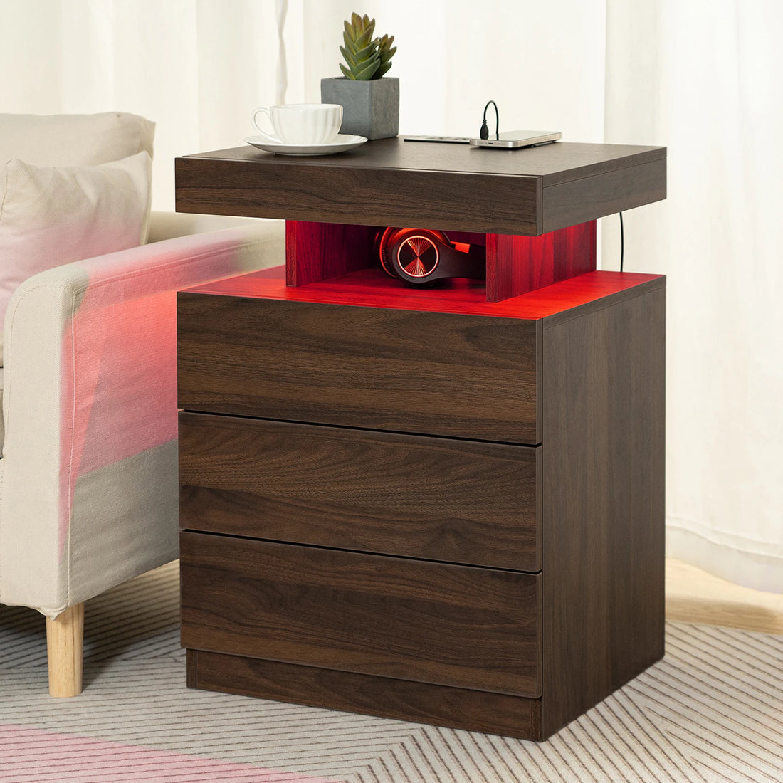 Nightstand LED Light Bedside Table with 3 Drawers, Adjustable Brightness, Modern Style