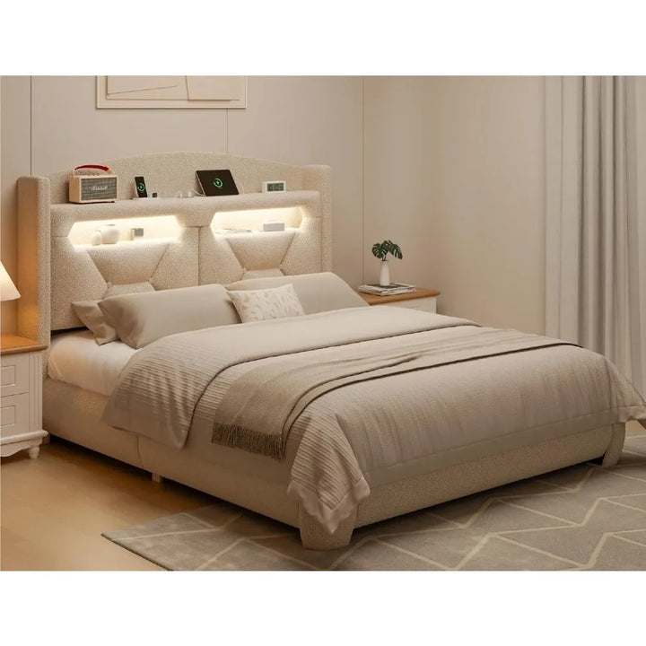 Boucle Bed Frame with Storage Headboard & LED Lighting, Upholstered Modern Platform Bed