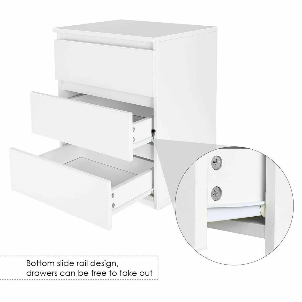 White Modern Bedside Table with 3 Storage Drawers