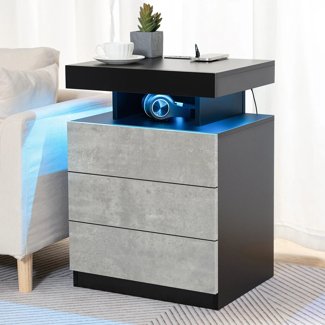 Nightstand LED Light Bedside Table with 3 Drawers, Adjustable Brightness, Modern Style