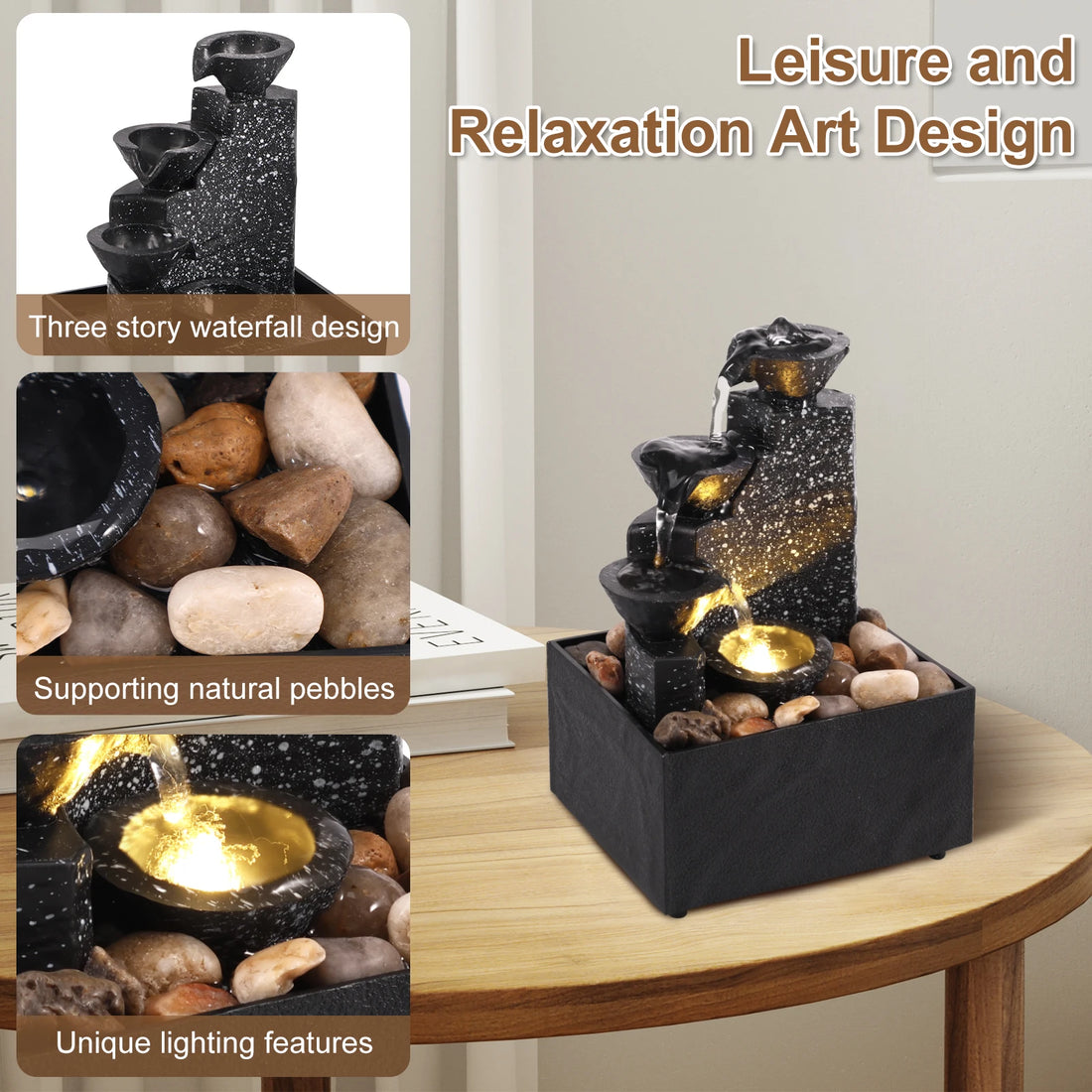 Tabletop Water Fountain with Soft Lights – Decorative Flowing Water Zen Ornament for Indoor Relaxation