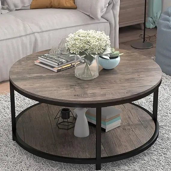 Round Coffee Table 36" with Storage Shelf, Rustic Wood 2-Tier Design for Living Room