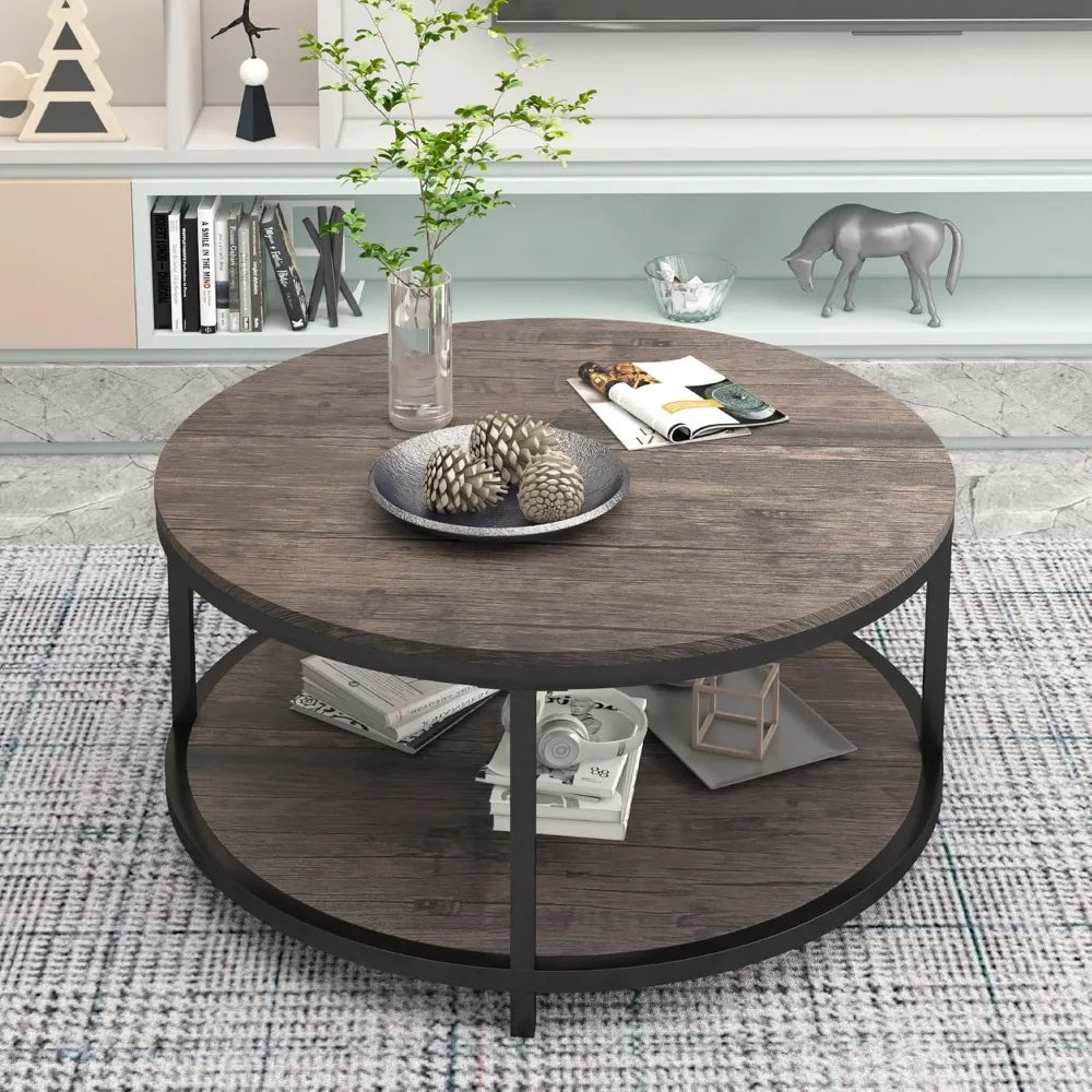 Round Coffee Table 36" with Storage Shelf, Rustic Wood 2-Tier Design for Living Room