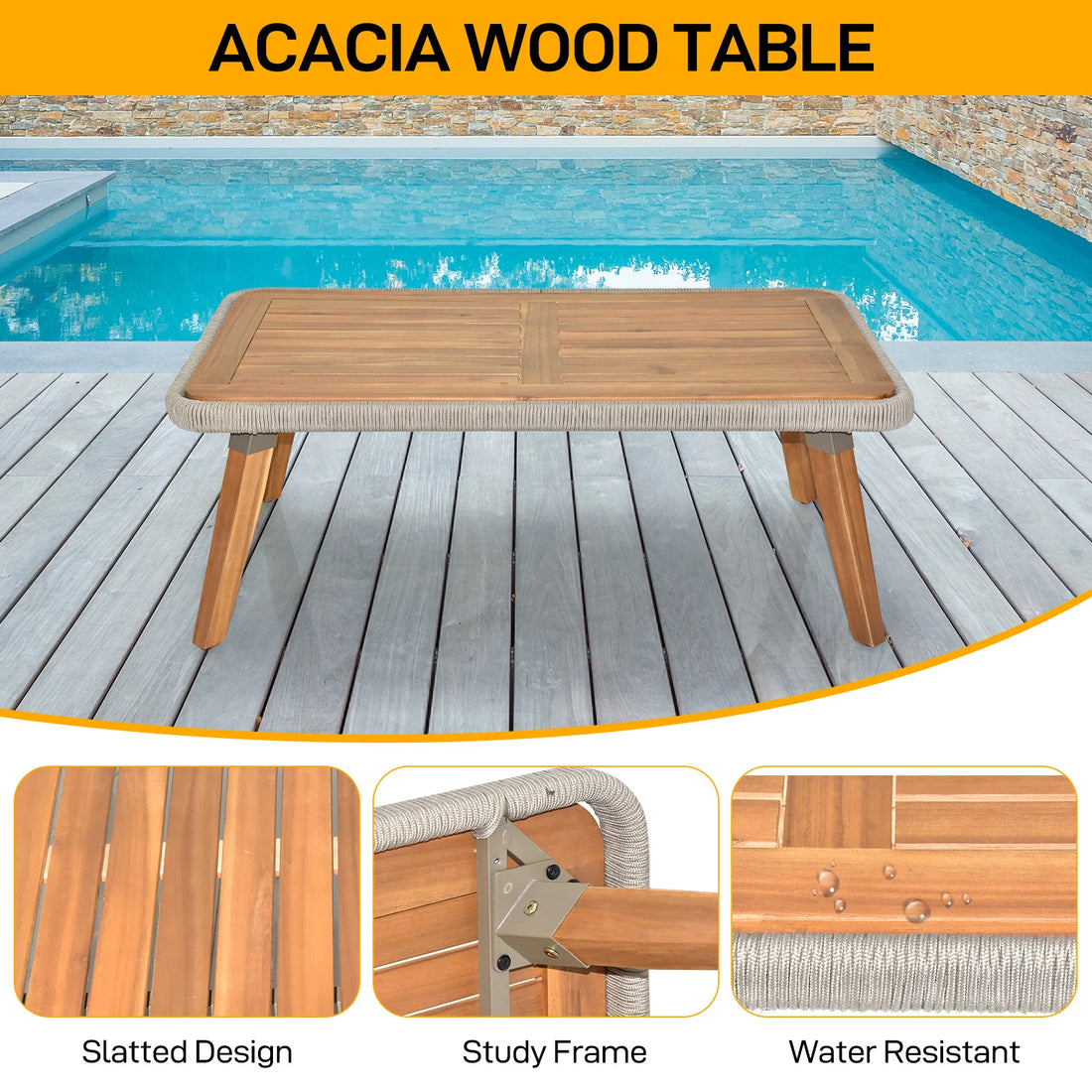 4-Piece Outdoor Acacia Wood Patio Set – Modern Deep Seating with Grey Rope & Beige Cushions